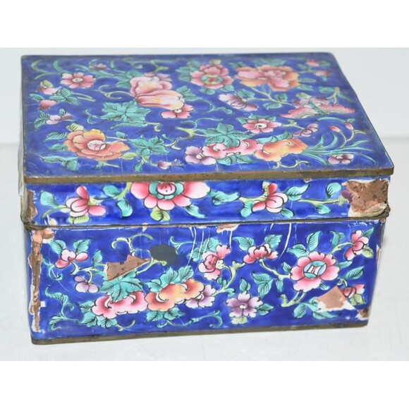 Vtg Chinese Enamel Brass Trinket Box Damaged Blue floral flaws - Picture 1 of 15